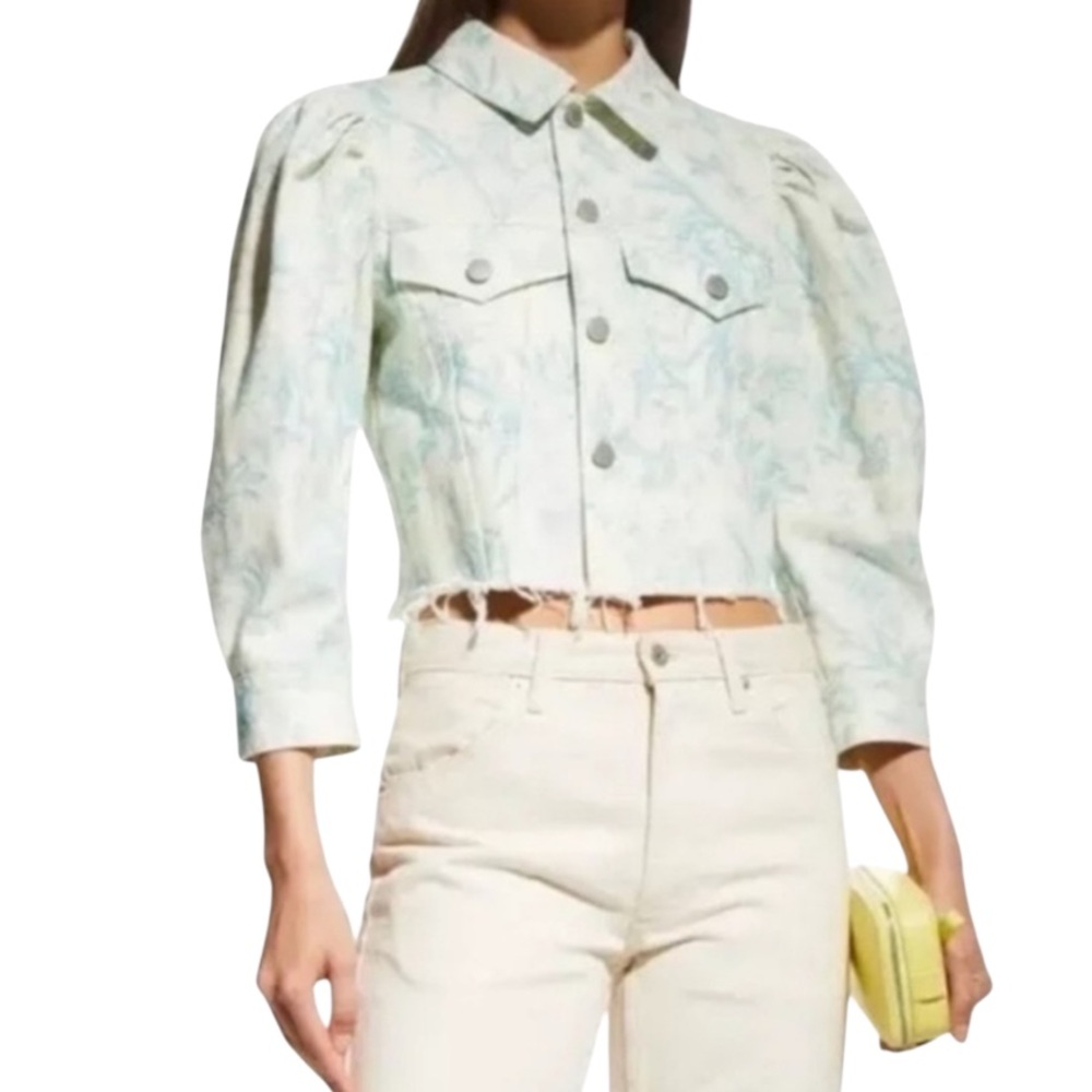 Elie Tahari Cropped Denim Jacket Light Blue Toile Print Raw Hem Women’s Medium